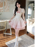 Vevesc Bubble Sleeve Kawaii Lolita Mini Dress Women Pink Bow Princess Sweet Party Cute Dress A-Line Elegant Fairy Dress 2024 Spring New