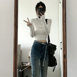 Vevesc White Half High Collar Tshirts Long Sleeve Bottoming Solid Women Tees Y2k Camisetas Slim Fit Crop Tops Folds Elegant Korean