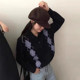 Vevesc Vintage All-match Lapel Neck Pullovers Y2k Argyle Long Sleeve Knitted Tops Women Autumn New Loose Sweaters Mujer