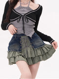 Vevesc Y2k Vintage Denim Skirt Women High Waist A-line Patchwork Korean Fashion Bandage Ruffles Jeans Mini Skirt Summer Grunge