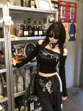 Vevesc Y2k Aesthetic Lace Patchwork Slim Women T-shirt Vintage Slash Neck Streetwear Grunge Tshirts Harajuku Printing Crop Tees Femme