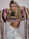 Vevesc Knitted Tassels Cover Ups For Swimwear Women Sexy Loose Rainbow Shirt Girls Sweater Holiday Fashion Crop Pullover Femme