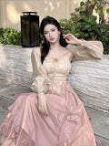 Vevesc summer French Vintage Evening Party Midi Dress Women Pink Korean Style Sweet Dress Female Bubble Sleeve Elegant Fairy Dress