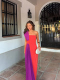 Vevesc  Fashion Patchwork Color Collision Dresses Chic Off Shoulder Sleeveless Pleated Robes New Female Summer Vacation Beach Vestidos