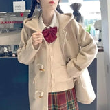 Vevesc Harajuku Autumn Winter Tweed Jacket Women Japanese Y2k Kawaii Hooded Wool Blends Preppy Style Coat Vintage Aesthetic