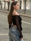 Vevesc  Slash Neck Lace-Up Shirts For Women Sexy Mesh Y2k Top Fashion Drop Sleeves Aesthetic Clothes Solid Casual Long Sleeve T Shirts