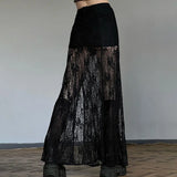 Vevesc Side Slit Lace Skirts For Women 2024 Summer New See Through High Waist Skirt Ladies Black Casual Loose Sexy Skirts Woman