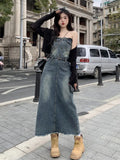 Vevesc Spring Summer Sleeveless Strapless Jeans Dresses Fashion Off Shoulder Slim Vintage Long Denim Dress Female