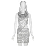 Vevesc Y2k Sexy Two Piece Set Hollow Out Knit Sequin Hooded Crop Top And Mini Skirt Crochet Rave Festival Outfits For Women