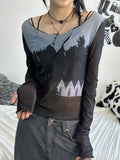 Vevesc See Through Gauze Vintage Print Crop Top Autumn Long Sleeve Fashion Bottoming Tshirts Y2k Aesthetic Harajuku Slim Women T-shirt