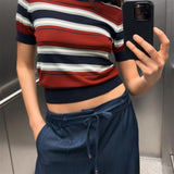 Vevesc  new women's clothing casual elegant design sense European and American style retro striped knitted short sleeved shirt