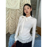 Vevesc Fairycore T-shirt Woman Long Sleeve Lace Up Bow Tees Female Clothing 2000s Clothes Y2k Solid Autumn Tops Casual T Shirt