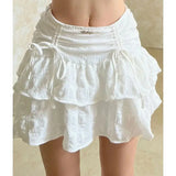 Vevesc Fairycore Ruffle Women Mini Skirt White Lace Sweet Kawaii Short Skirts Coquette Layered Pleated Korean Fashion Skirt