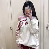 Vevesc Lazy American Off The Shoulder Letter Print Office Lady Vintage Sweatshirts Y2k Clothes Loose Harajuku Pullovers Punk Clothes