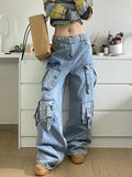 Vevesc Autumn Winter New Ladies Cargo Jeans American Street Style Baggy Cargo Pants Women Blue Multi-pocket Wide Leg Jeans for Women