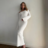 Vevesc Off Shoulder Flare Sleeve Long Dresses Women Black White Knitted Elegant Evening Dress Fall Y2K Clothes 2024