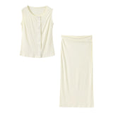 Vevesc  Knitted Solid Women Vest Sets O Neck Sleeveless Lady Tank Outfits 2025 Spring Summer Elegant High Waist V Neck Female Skirt Suit
