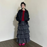 Vevesc Vintage Ruffle Plaid Skirt Women Elegant Sweet Long Skirts Japanese Style Streetwear Fashion Patchwork Layered Skirt