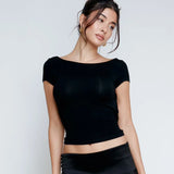 Vevesc Chic Women's T Shirt Short Sleeve Backless Crop Top Fitted Basic Sexy Black Tees Summer 2024 Y2K Outfits T-Shirts