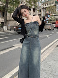 Vevesc Spring Summer Sleeveless Strapless Jeans Dresses Fashion Off Shoulder Slim Vintage Long Denim Dress Female