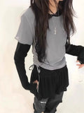 Vevesc Korean Fashion Drawstring Ruched T-shirts Summer New O-neck Tops Women Y2k See Through Mesh Short Sleeve Tee Shirt