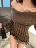 Vevesc Elegant High End Slash Neck Korean Office Lady Pullovers Knitted Hollow Out Tassel All Match Lazy Jumpers Y2k Girl Clothes