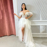 Vevesc Ivory Evening Dresses Lace Appliques Off The Shoulder Wedding Party Leg Slit A-line Formal Dresses Bridal Gowns