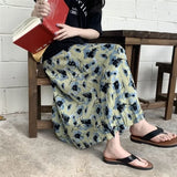 Vevesc Fashion Light Green Floral Print Skirt For Women Summer Elastic Waist Faldas Mujer 2024 New Mid-length A-line Loose Skirts