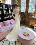 Vevesc High Neck Modern Mermaid Wedding Dresses Lace Long Sleeves Satin Illusion Bridal Gown With Button Vestidos De Noiva