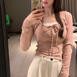 Vevesc Autumn Winter New Square Collar Bottoming Tops Mujer Y2k Slim Fit All-match Tee Shirt Long Sleeve Knitted T-shirt for Women