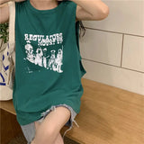 Vevesc Preppy Style Vintage American T-shirts Letter Women Mid Length Camisetas Harajuku Hip Hop Loose Ball Summer Sleeveless Vest Tees