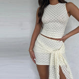 Vevesc Sexy Women 2 Pieces Set Tie Up Skirt And Crop Top Summer Outfits For Women 2024 Sleeveless Mini Dresses Suits