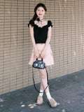 Vevesc Y2k Aesthetic Vintage Summer Black Print Tees Slim Streetwear Puff Sleeve Tshirts Women Harajuku Grunge Bottoming Sweet Crop Top