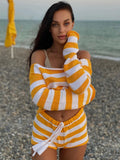 Vevesc Autumn Knitted Shorts Set Two Piece Women Striped Long Sleeve Crop Tops And Mini Shorts Femme Y2K Party Outfits 2 Piece