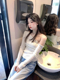 Vevesc Harajuku Skew Collar Slim Fit T-shirts Spring Streetwear White Knitted Grunge Tops Women Sexy Y2k Aesthetic Cropped Tees