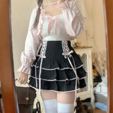 Vevesc Fairy Japanese Sweet Popular High Waist Cake Skirts Spliced Constrast Color Lace Up Design Clothes Y2k Aesthetic Girl Skirt