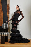 Vevesc Sexy See Thru Black Mermaid Long Maxi Gowns Full Sleeves High Collar Women Formal Party Dresses With Fluffy Tiered Tulle Gowns