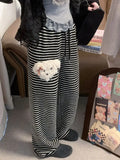 Vevesc New Kawaii Fleece Dog Wide Leg Casual Striped Straight Drawstring Pants High Waist Women Japanese Preppy Style Pant Y2k