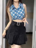 Vevesc Oversize American Retro High Waiste A-line Skirts 2024 Summer New Ruched  Faldas Mujer Y2k Grunge Denim Skirt for Women