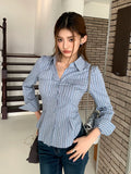 Vevesc Women Blue Stripe Slim Pleated Blouses Autumn Elegant Long Sleeve Casual Office Work Shirt Female Vintage Y2k Top Clothing Trend