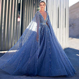 Vevesc Blue Cape Sleeves Sexy Deep V-neck Evening Dresses Customized Luxury A-Line Beaded Party Gowns For Women