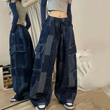 Vevesc American Vintage Washed Street Jeans for Women Y2k Grunge Loose Wide Leg Pants 2024 Spring New Blue Straight Trousers