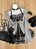 Vevesc Sweet Lolita Lace Up Ruffles Cardigan Sexy Slim Fit Temperament Vest Tops Sweet Tiered Ruched Skirts  Autumn Three Piece Sets