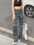 Vevesc Y2K Camouflage Cargo Jeans Women Streetwear Wide Leg Denim Pants Vintage Korean High Waist Pockets Zipper Baggy Trousers