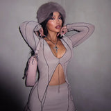 Vevesc New Autumn Women's Long-sleeved Tops Sexy Navel-baring Ruffled Skirt 2-piece Suit