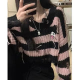 Vevesc Short Length Striped Black Pink Sweaters Women V-Neck Y2k Knitted Loose Crop Tops Pullovers Long Sleeve High Waist Sueter Mujer