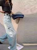 Vevesc  Women's Simple High Waist Wide Leg Denim Jeans Pant Solid Light Blue Washed Baggy Pant Spring Casual Daily Streetwear Trousers