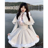 Vevesc Korean Style Kawaii New 3 Piece Set Women Retro Patchwork Vintage Dress Suit Female Short Coat + Off Shoulder Dress + Solid Tops
