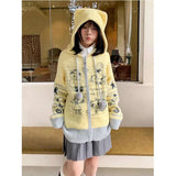 Vevesc Japanese Y2k Aesthetic Cartoon Jacquard Hoodies Cardigan Women Casual Kawaii Bear Ear Hoody Tops Harajuku Vintage Loose Sweater