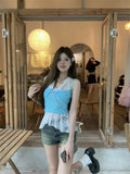 Vevesc Sweet Bow Blue Lace Vest For Women 2024 Summer New Sleeveless Tank Top Y2k Grunge Slim Fit All-match Tops Mujer